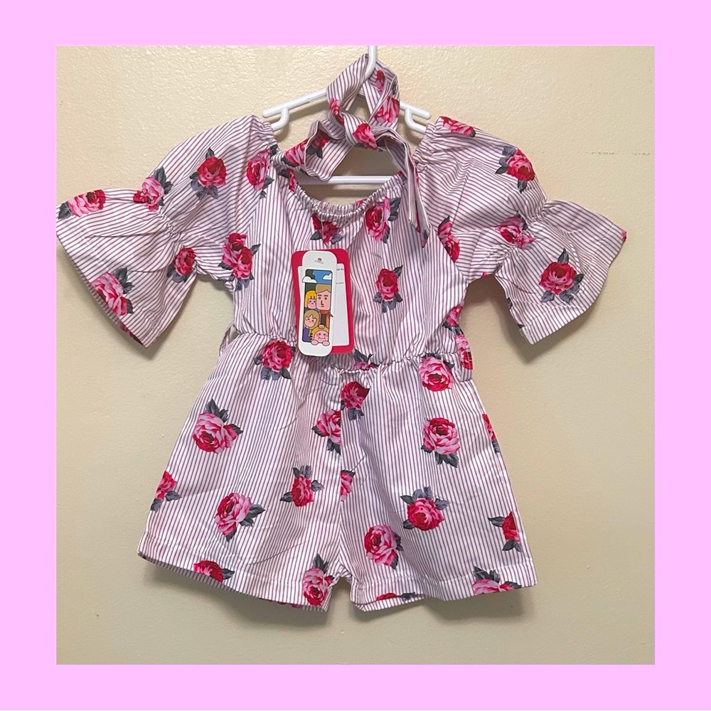 Floral Striped Baby Romper with Headband